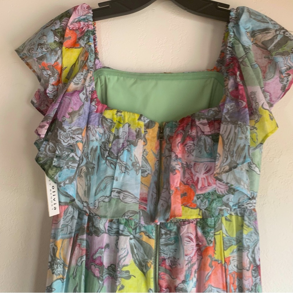 NWT Alice + Olivia Ruffled Off Shoulder Maxi Dress - Multi Print Boho Maxi Dress - Picture 13 of 15
